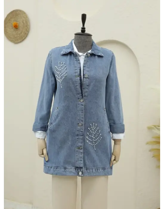 Omarı Yaprak Desenli Denim Ceket - Mavi