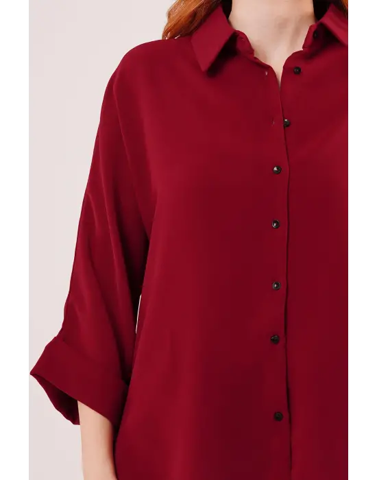 Omarı Rahat Kalıplı Yarasa Kol Bordo Gömlek