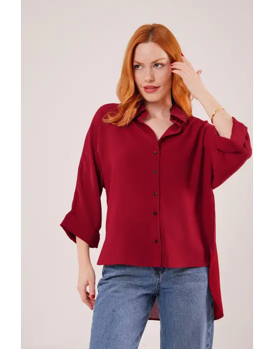 Omarı Rahat Kalıplı Yarasa Kol Bordo Gömlek