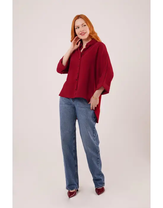 Omarı Rahat Kalıplı Yarasa Kol Bordo Gömlek