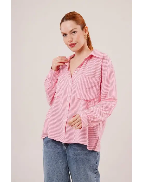 Yarasa Kol Çizgili Cep Detaylı Pembe Gömlek