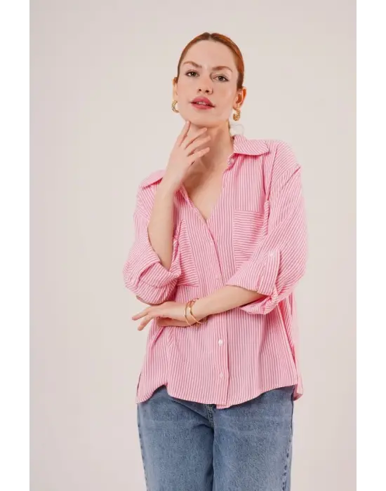 Yarasa Kol Çizgili Cep Detaylı Pembe Gömlek