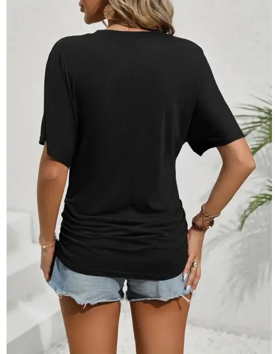 Omarı Yarasa Kol Detaylı Kısa Kollu Viskon Bluz