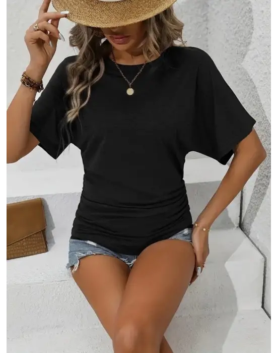 Omarı Yarasa Kol Detaylı Kısa Kollu Viskon Bluz