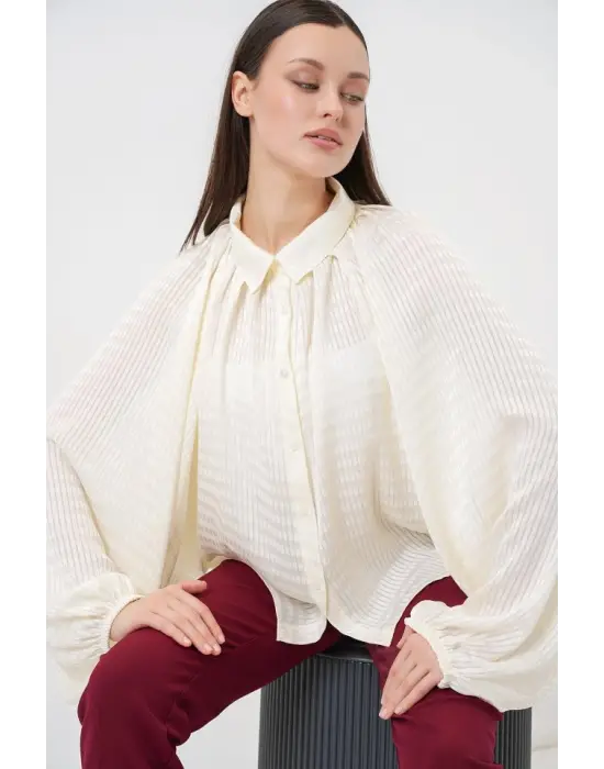 Yarasa Kol Oversize Gömlek 20368 - Ekru