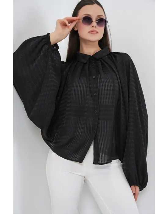 Yarasa Kol Oversize Gömlek 20368 - Siyah