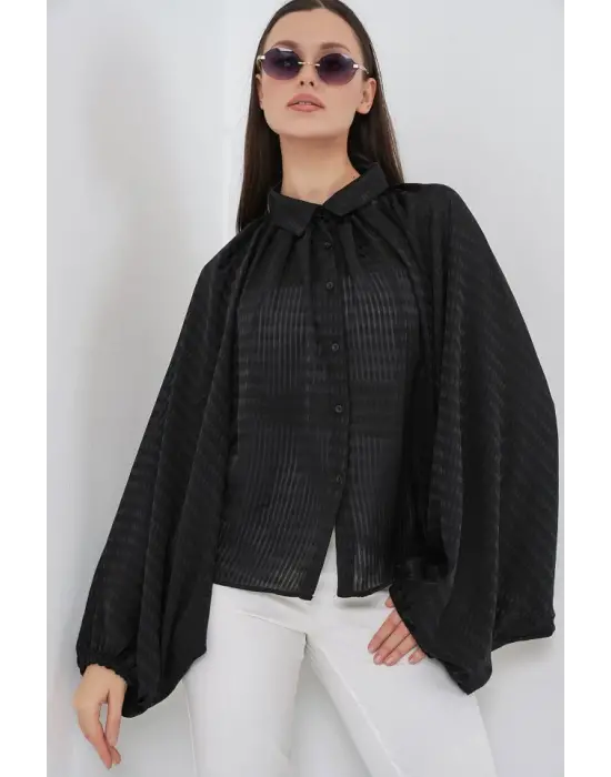 Yarasa Kol Oversize Gömlek 20368 - Siyah