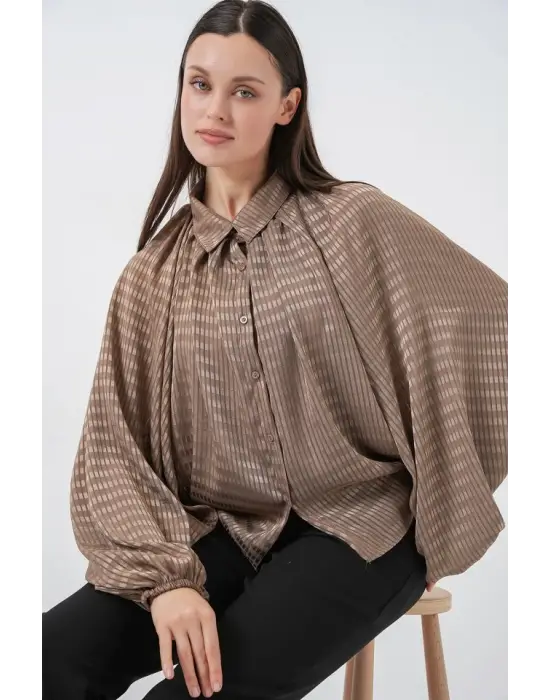 Yarasa Kol Oversize Gömlek 20368 - Sütlü Kahve