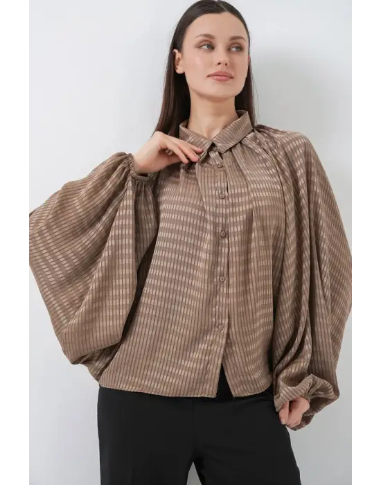Yarasa Kol Oversize Gömlek 20368 - Sütlü Kahve