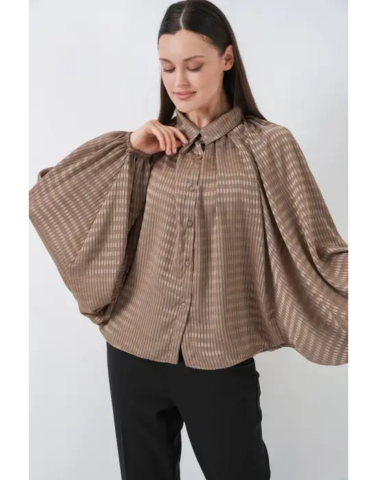 Yarasa Kol Oversize Gömlek 20368 - Sütlü Kahve