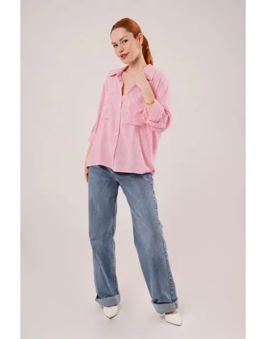 Omarı Pembe Yarasa Kol Gömlek