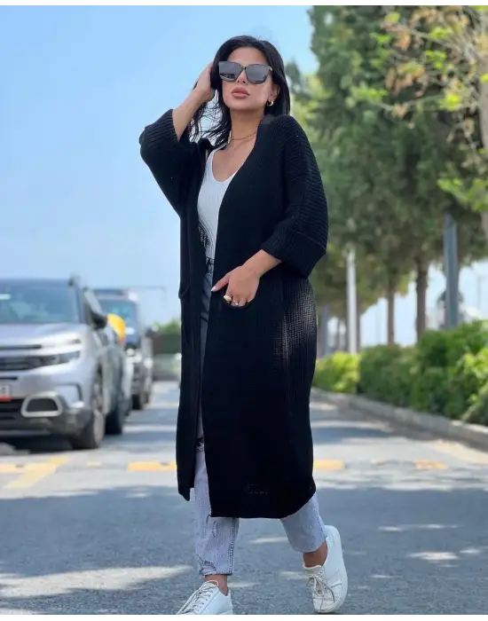 Yarasa kol uzun triko hırka siyah