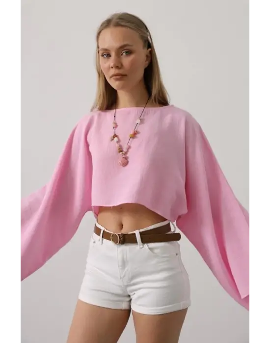 Omarı Pembe Yarasa Kollu Crop Bluz - Trendy Tasarım