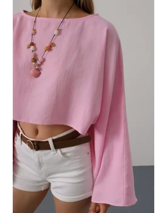 Omarı Pembe Yarasa Kollu Crop Bluz - Trendy Tasarım