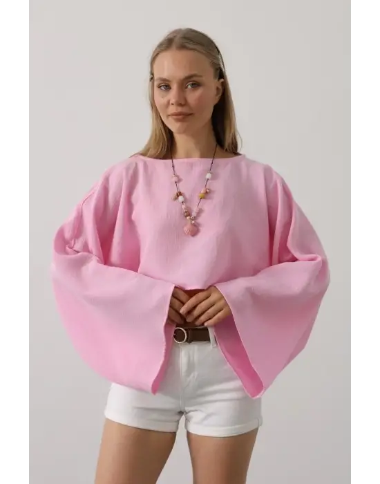 Omarı Pembe Yarasa Kollu Crop Bluz - Trendy Tasarım