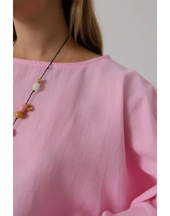 Omarı Pembe Yarasa Kollu Crop Bluz - Trendy Tasarım