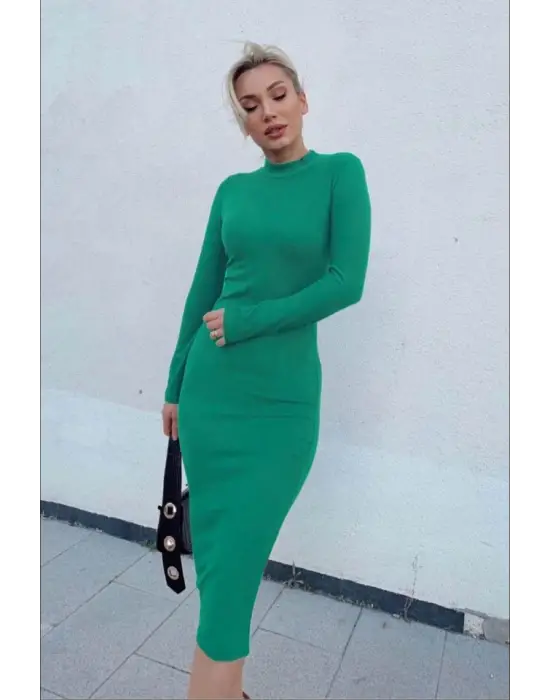 Omarı Elegan Yarım Balıkçı Yaka Süet Kumaş Midi Boy Elbise