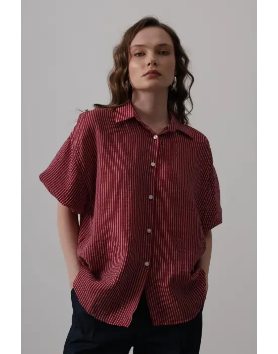 Yarım Balon Kol Çizgili Gömlek - Bordo