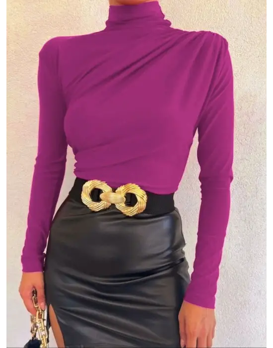 Yarım Boğaz Büzgülü Sandy Bluz  -Fuşya