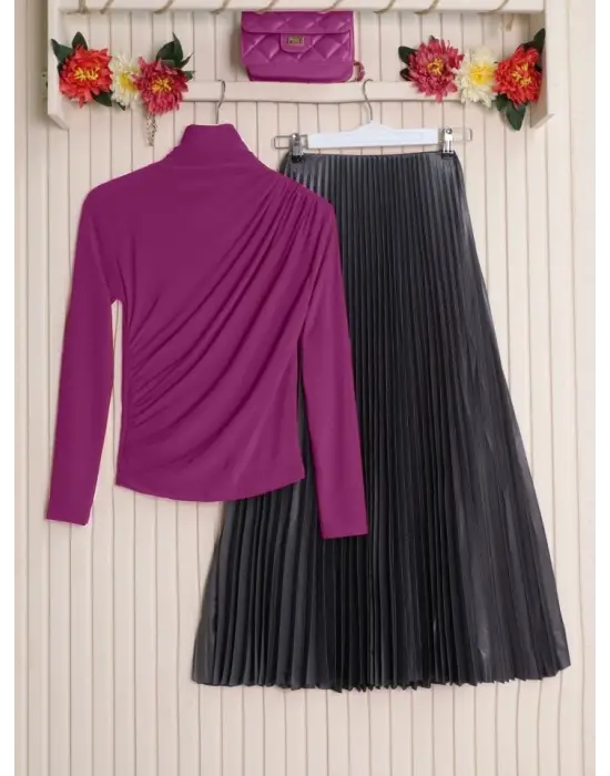 Yarım Boğaz Büzgülü Sandy Bluz  -Fuşya