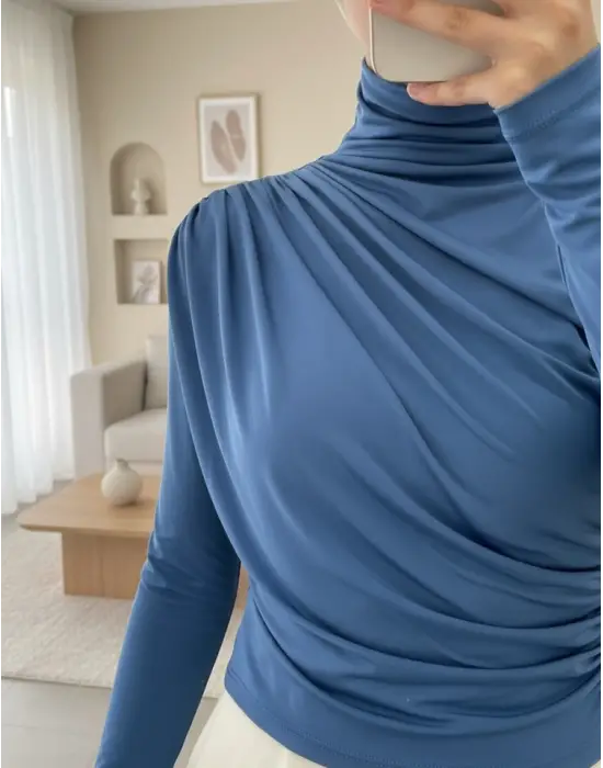 Yarım Boğaz Büzgülü Sandy Bluz        -İndigo