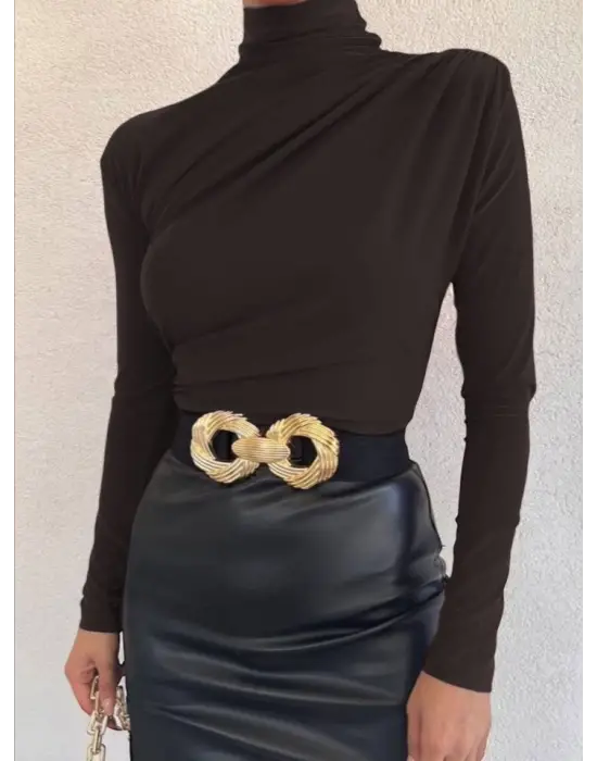 Yarım Boğaz Büzgülü Sandy Bluz       -Kahve