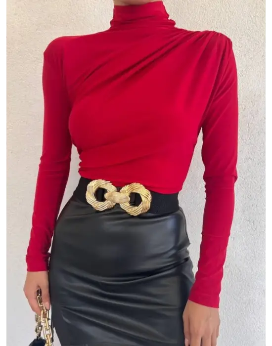 Omarı Yarım Boğazlı Sandy Bluz - Kırmızı Trendi