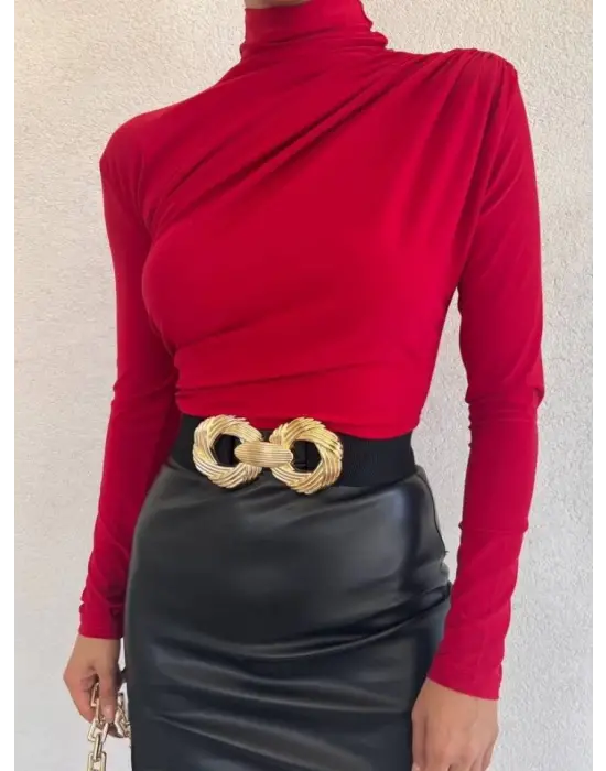 Omarı Yarım Boğazlı Sandy Bluz - Kırmızı Trendi