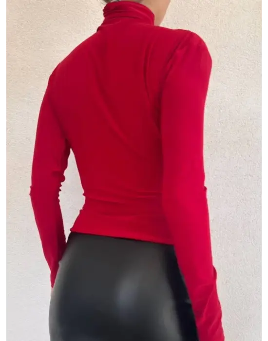 Omarı Yarım Boğazlı Sandy Bluz - Kırmızı Trendi