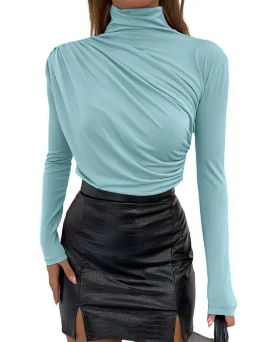 Yarım Boğaz Büzgülü Sandy Bluz         -Mint