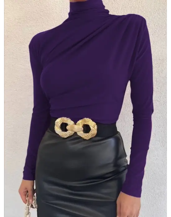 Omarı Mor Yarım Boğaz Büzgülü Bluz