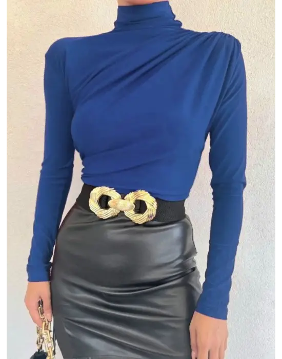 Yarım Boğaz Büzgülü Sandy Bluz  -Saks