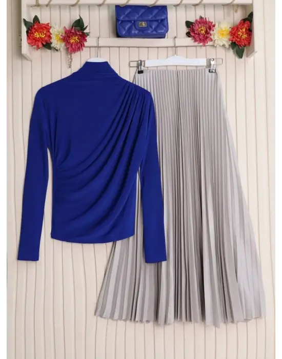 Yarım Boğaz Büzgülü Sandy Bluz  -Saks