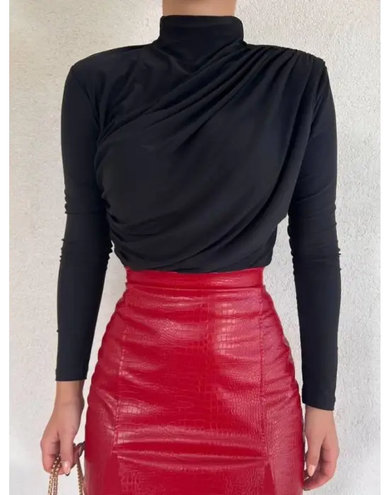 Omarı Şık Kırışıklı Sandy Bluz - Siyah