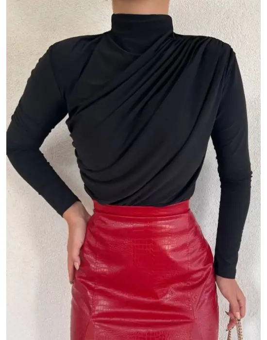 Omarı Şık Kırışıklı Sandy Bluz - Siyah