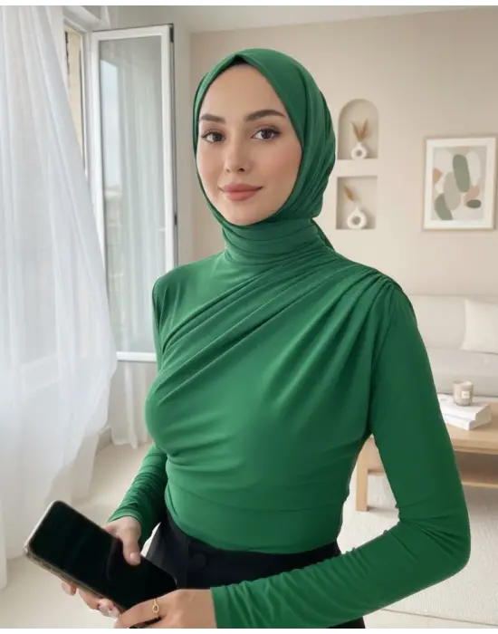 Zarif Büzgülü Sandy Bluz -Yeşil