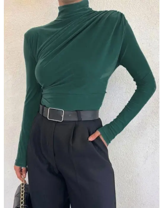 Yarım Boğaz Büzgülü Sandy Bluz -Zümrüt