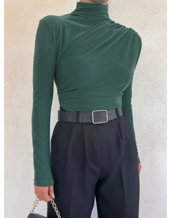 Yarım Boğaz Büzgülü Sandy Bluz -Zümrüt