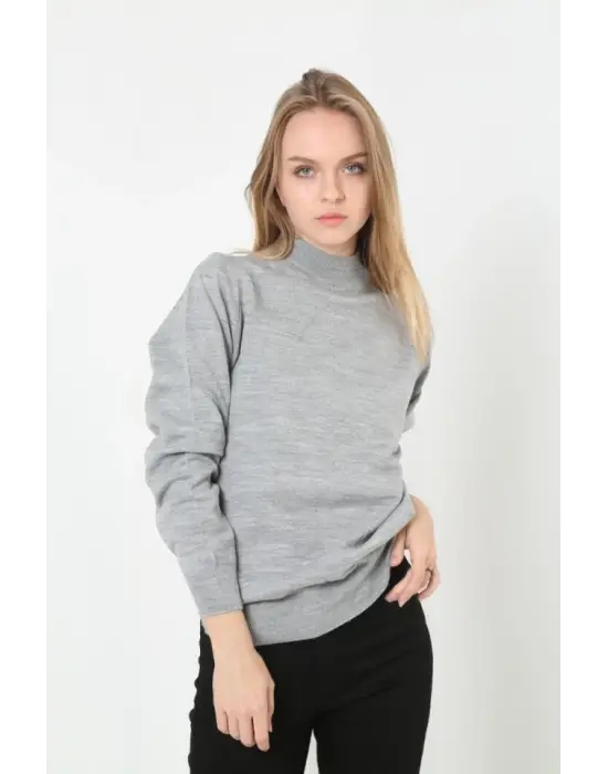 Yarım Boğaz Triko Kazak Yumuşak Dokulu Pamuklu Ince Dokuma, Uzun Kollu Rahat Regular Kalıp - Gri