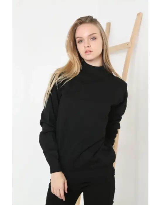 Yarım Boğaz Triko Kazak Yumuşak Dokulu Pamuklu Ince Dokuma, Uzun Kollu Rahat Regular Kalıp - Siyah