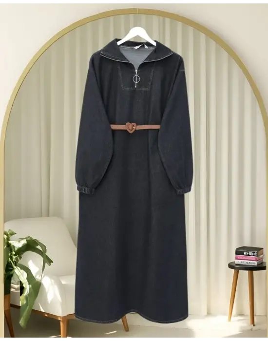 Yarım Boğazlı Fermuarlı Cepli Kot Elbise  -Antrasit