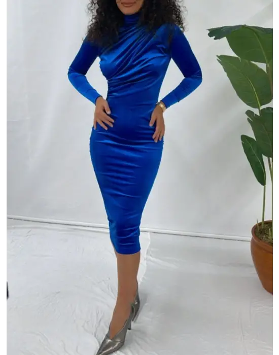 Yarım Boğazlı Kadife Elbise -Saks