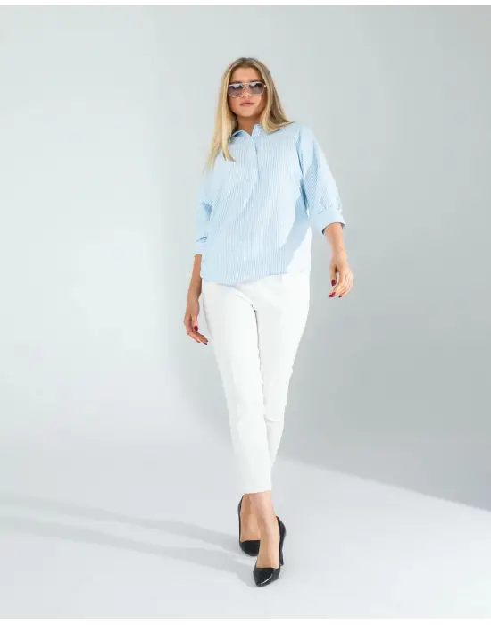 Omarı Mavi Çizgili Beyaz Gömlek