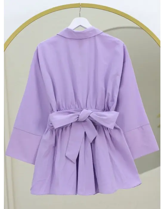 Yarım Düğmeli Beli Bağlamalı Yanı Fermuarlı Tunik -Lila