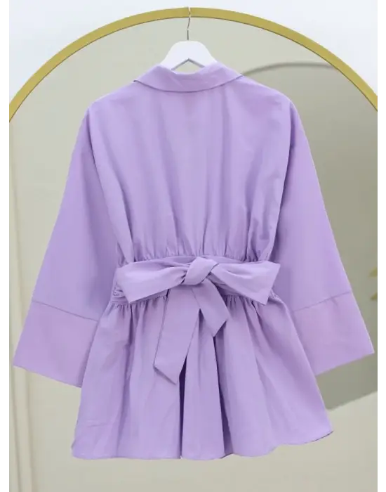 Omarı Renkli Beli Bağlamalı Yanı Fermuarlı Tunik - Lila