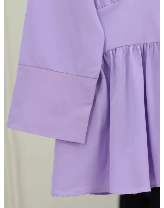 Yarım Düğmeli Beli Bağlamalı Yanı Fermuarlı Tunik -Lila