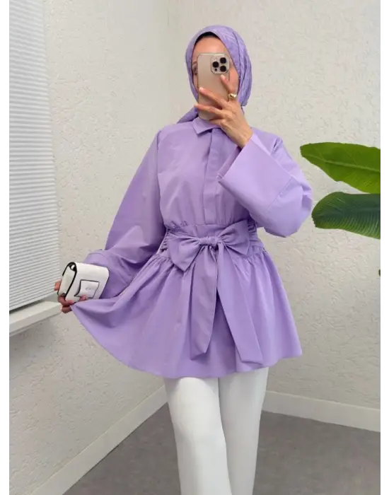 Lila Yarım Düğmeli Beli Bağlamalı Tunik Kadın Giyim