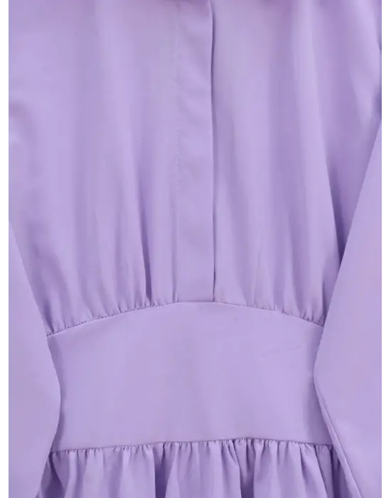 Yarım Düğmeli Beli Bağlamalı Yanı Fermuarlı Tunik -Lila