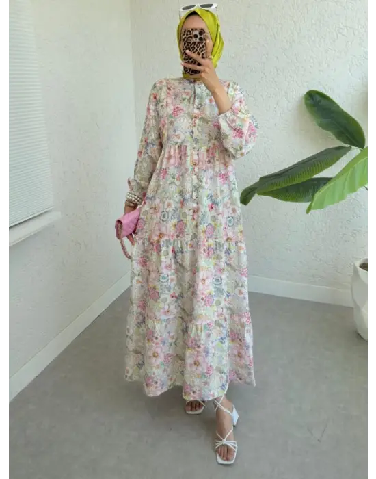 Omarı Yazın Trendi Çiçek Desenli Lastikli Elbise