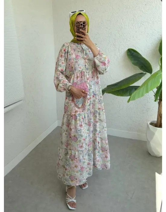 Omarı Yazın Trendi Çiçek Desenli Lastikli Elbise